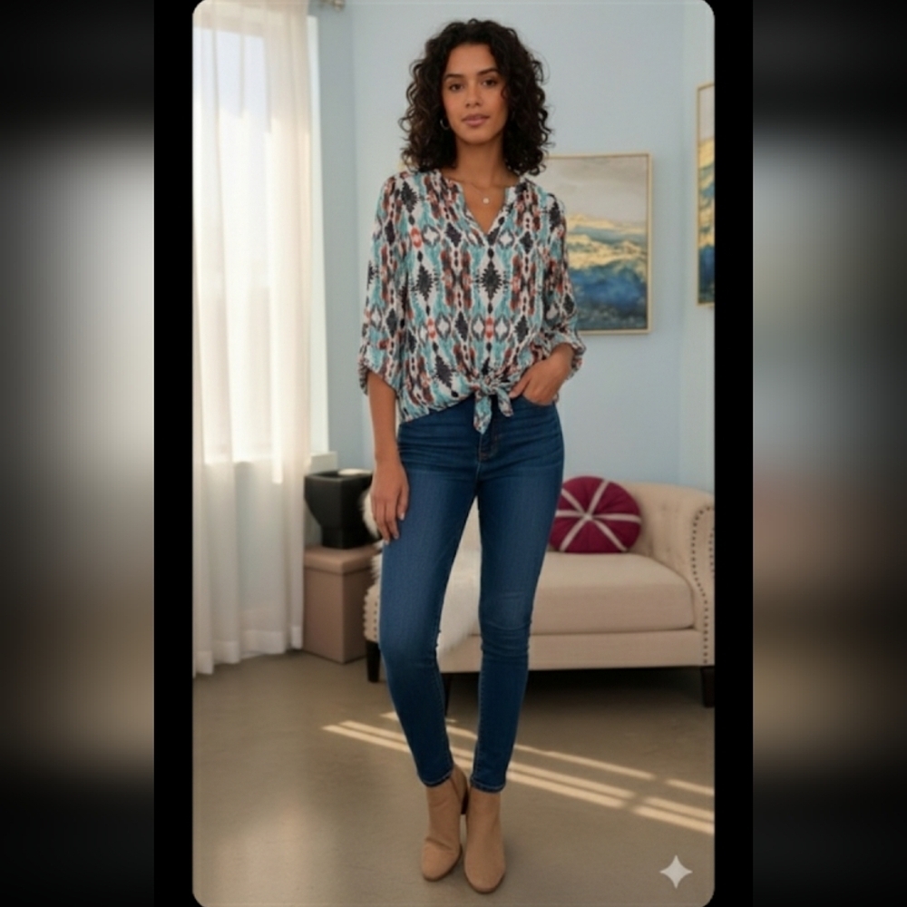 Zac & Rachel Boho Woman's V-Neck Tie Front Blouse Long Sleeve Top
